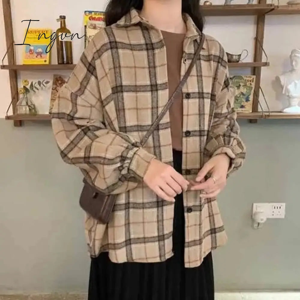 Ingvn - Blouse Women Woolen Plaid Coat Plaid Shirt for Women Thickened Long Sleeve Top Shirt Blusas Ropa De Mujer