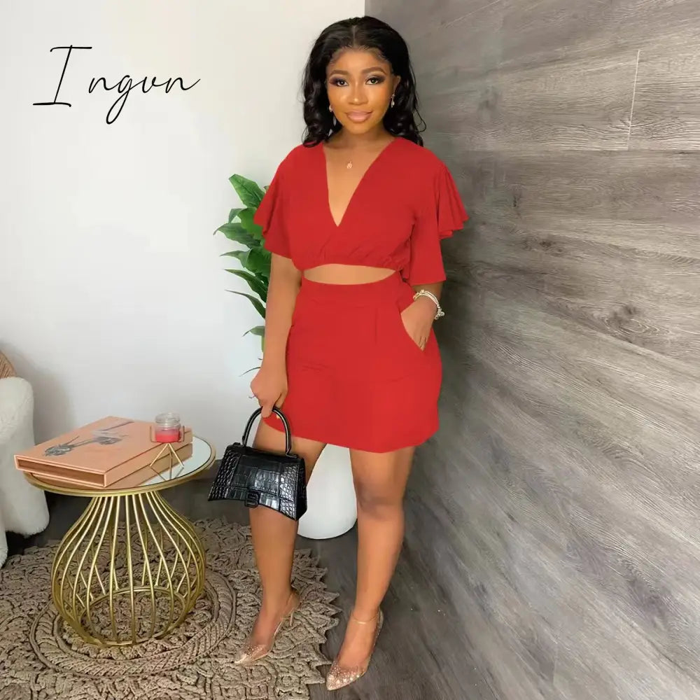 Ingvn - Summer 2 Pcs Suits Fashion V-neck Ruffle Sleeve Tshirt High Waist A-line Mini Skirt 2 Piece Suits Outifits for Women