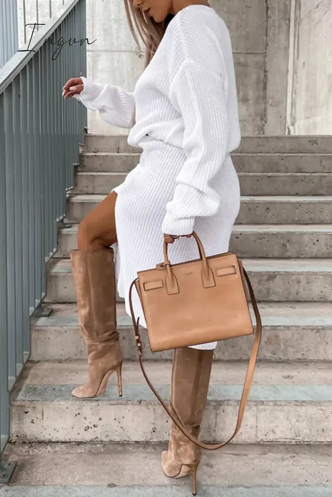 Ingvn - Elegant Simplicity Solid Slit O Neck Long Sleeve Dresses