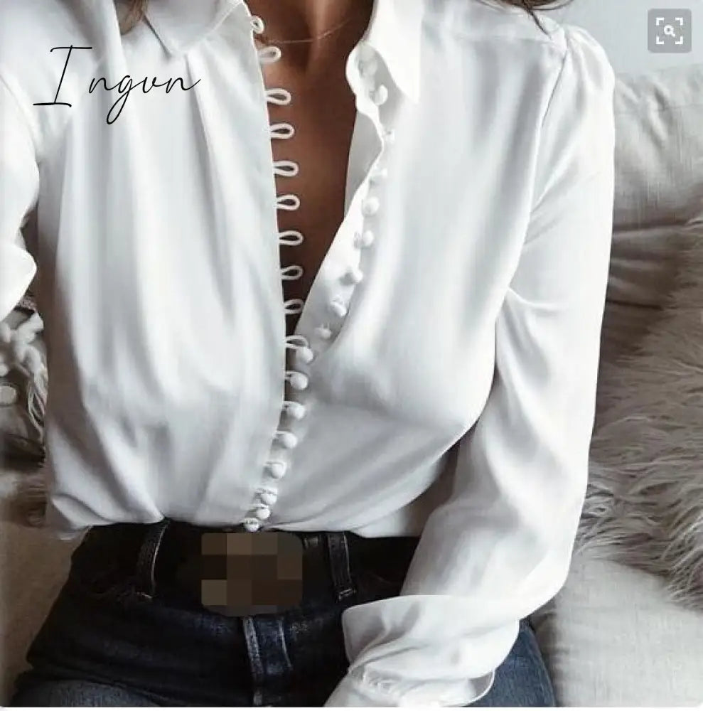 Ingvn - Fashion Women Blouse Shirt  Spring Women Clothing Solid Buttons Long Sleeve Shirts Tops Ladies OL Shirt White Office Shirt