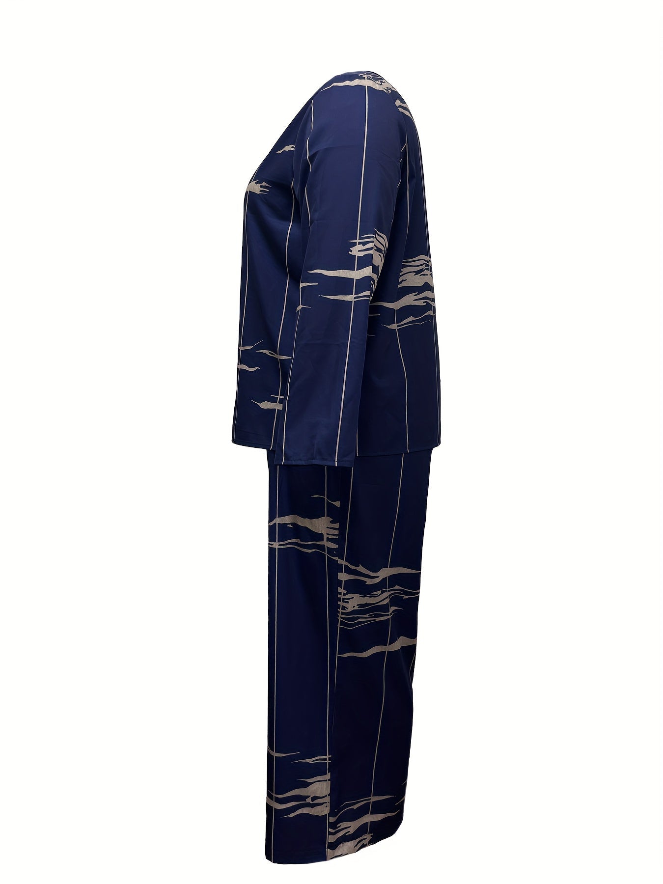 Plus Size Casual Outfits Two Piece Set, Women's Plus Random Print Long Sleeve Round Neck Top & Wide Leg Pants Outfits 2 Piece Set