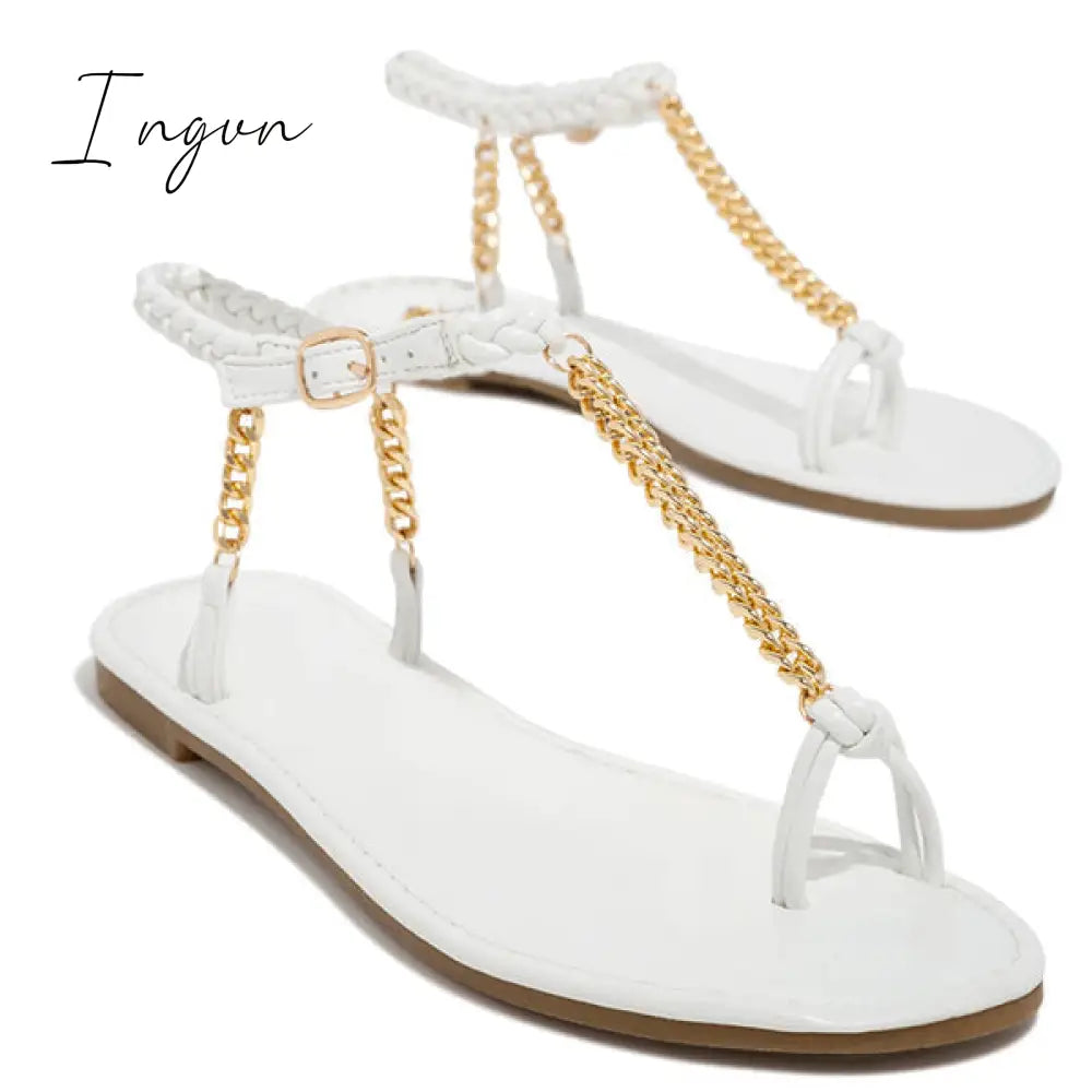 Ingvn - Gold-Tone Chain Braided Ankle Strap Toe Loop Sandals
