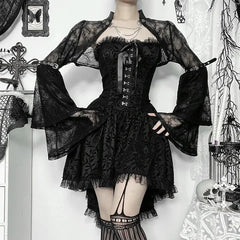 Y2K Gothic Black Lace Mesh See Through Flared Sleeve Smock Vintage Elegant Aesthetic Chains Women Fashion Tops Autumn