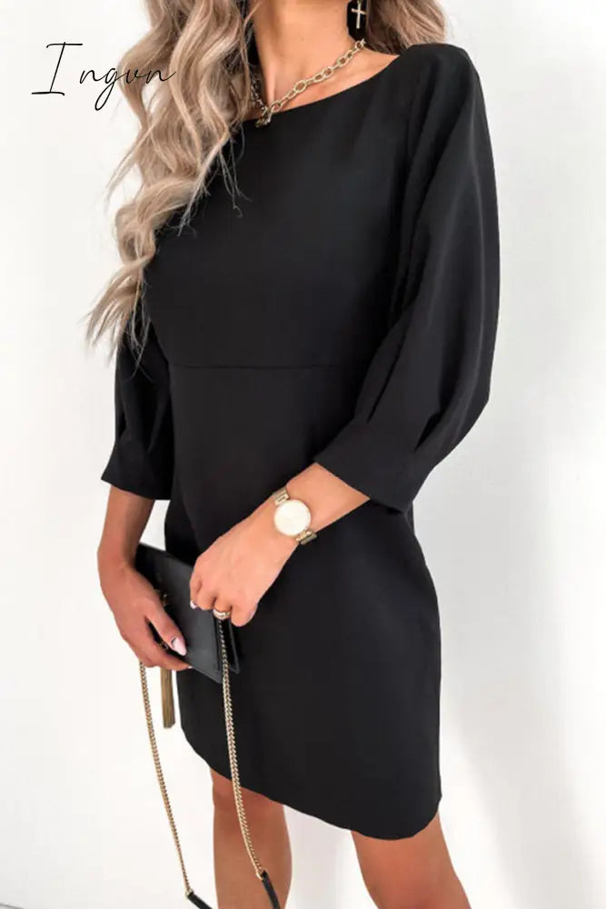 Ingvn - Elegant Solid With Bow Zipper O Neck Pencil Skirt Dresses