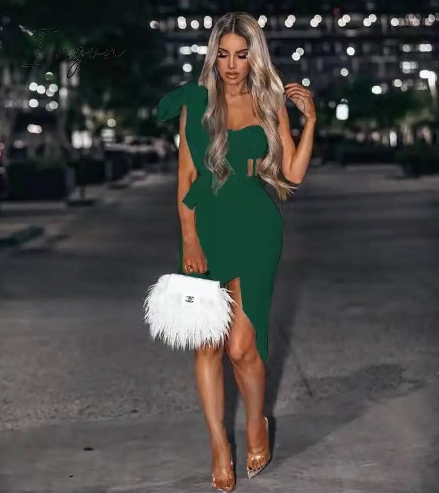 Ingvn - New Summer Fashion Women Bodycon Dress One Shoulder Bow Mesh Ruffle Sleeveless Bandage Dress Celebrity Party Evening Sexy