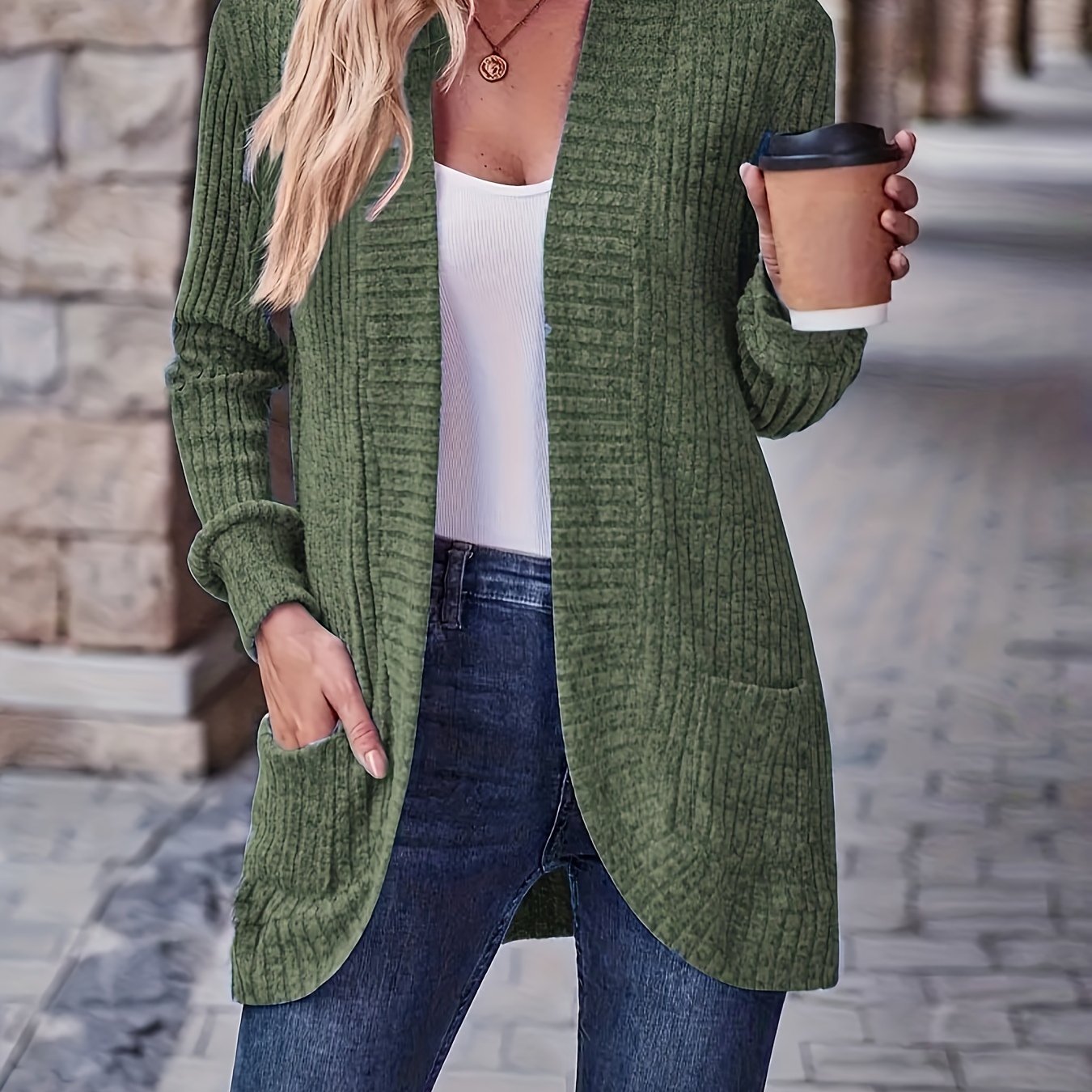 Solid Color Open Front Cardigan, Versatile Long Sleeve Pockets Cardigan For Spring & Fall, Women's Clothing