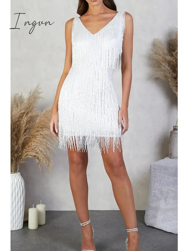 Ingvn - Women‘s Party Dress Fringe Dress Short Mini Dress White Gold Sleeveless Pure Color Tassel Fringe Spring Summer Spaghetti Strap Party Sexy Gatsby Party 2023 S M L XL XXL / Winter