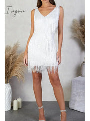 Ingvn - Women‘s Party Dress Fringe Dress Short Mini Dress White Gold Sleeveless Pure Color Tassel Fringe Spring Summer Spaghetti Strap Party Sexy Gatsby Party 2023 S M L XL XXL / Winter
