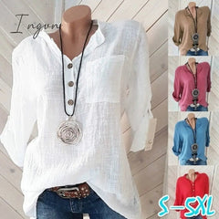 Ingvn - Oversized Women Blouses Cotton Linen Blouse Autumn Shirts Casual Long Sleeve Button V Neck Loose Shirt Lady Tops Plus Size S-5XL