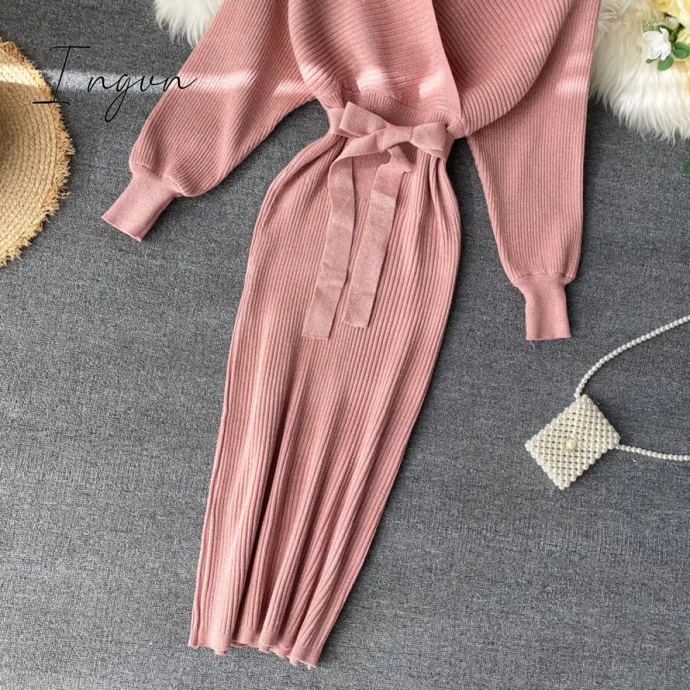Ingvn - Women Shiny Knitted Dress Sexy V Neck Puff Sleeve Elastic Sheath Knitting Dress Autumn Solid Bow Sashes Pencil Dress