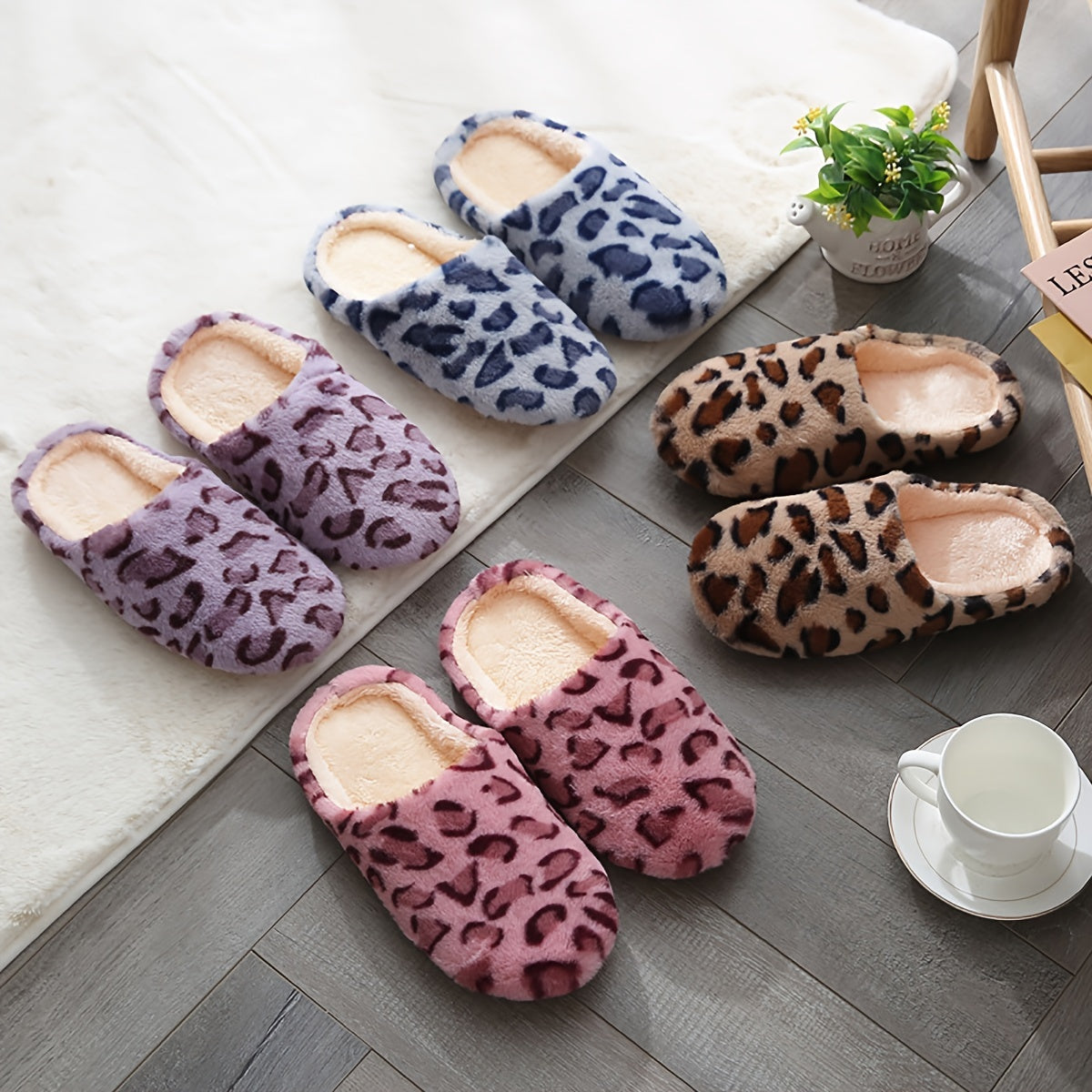 Cozy Leopard Print Womens Fluffy Slippers - Soft, Breathable, and Comfortable Fabric Upper and Insole - Anti-Slip Fabric Sole, Easy Slip-On Design for Indoor Use