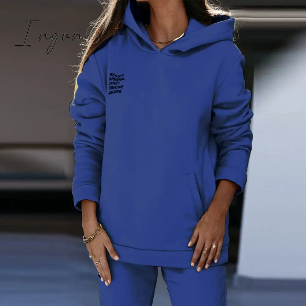 Ingvn - Women Fleece Letter Print Two Piece Set Casual Long Sleeve Hoodie Sweatshirts And Jogging Pants Suits Loose Female Tracksuits