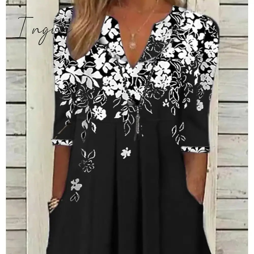 Ingvn - Women's Casual Dress T Shirt Dress Tee Dress Shift Dress Midi Dress Black Wine Blue Half Sleeve Floral Patchwork Summer Spring Crew Neck Fashion 2023 S M L XL 2XL 3XL