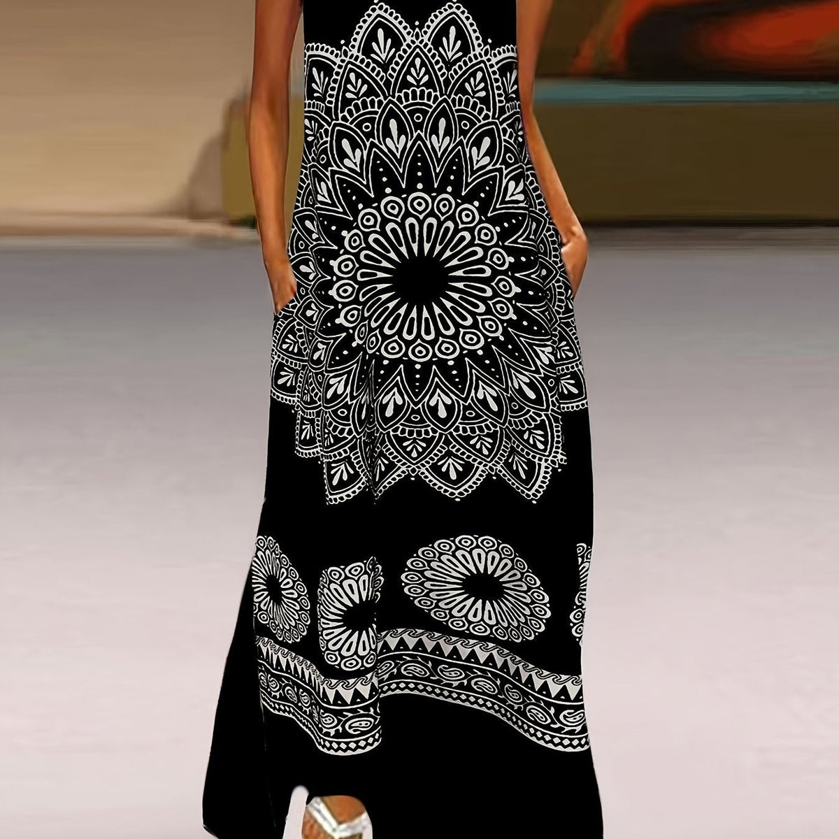 Flawless Mandala Floral Maxi Dress - Chic Notched Neck, Sleeveless Elegance - Fashionable Womens Clothing with Timeless Aesthetics