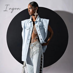 Ingvn - Side Hollow Out Denim Shoulder Length Vest Sexy Irregular Long Tops Shirt Collar Single-Breasted Trend Casual Streetwear