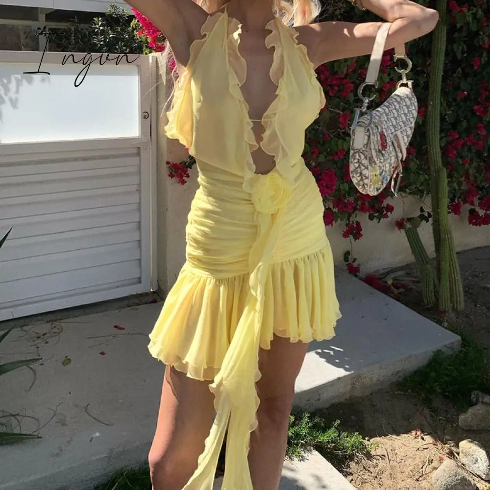 Ingvn - Floral Applique Elegant Halter Frill Hem Mini Dresses  for Women Summer Ruffle See Through Deep V Dresses Vestidos