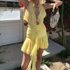 Ingvn - Floral Applique Elegant Halter Frill Hem Mini Dresses  for Women Summer Ruffle See Through Deep V Dresses Vestidos