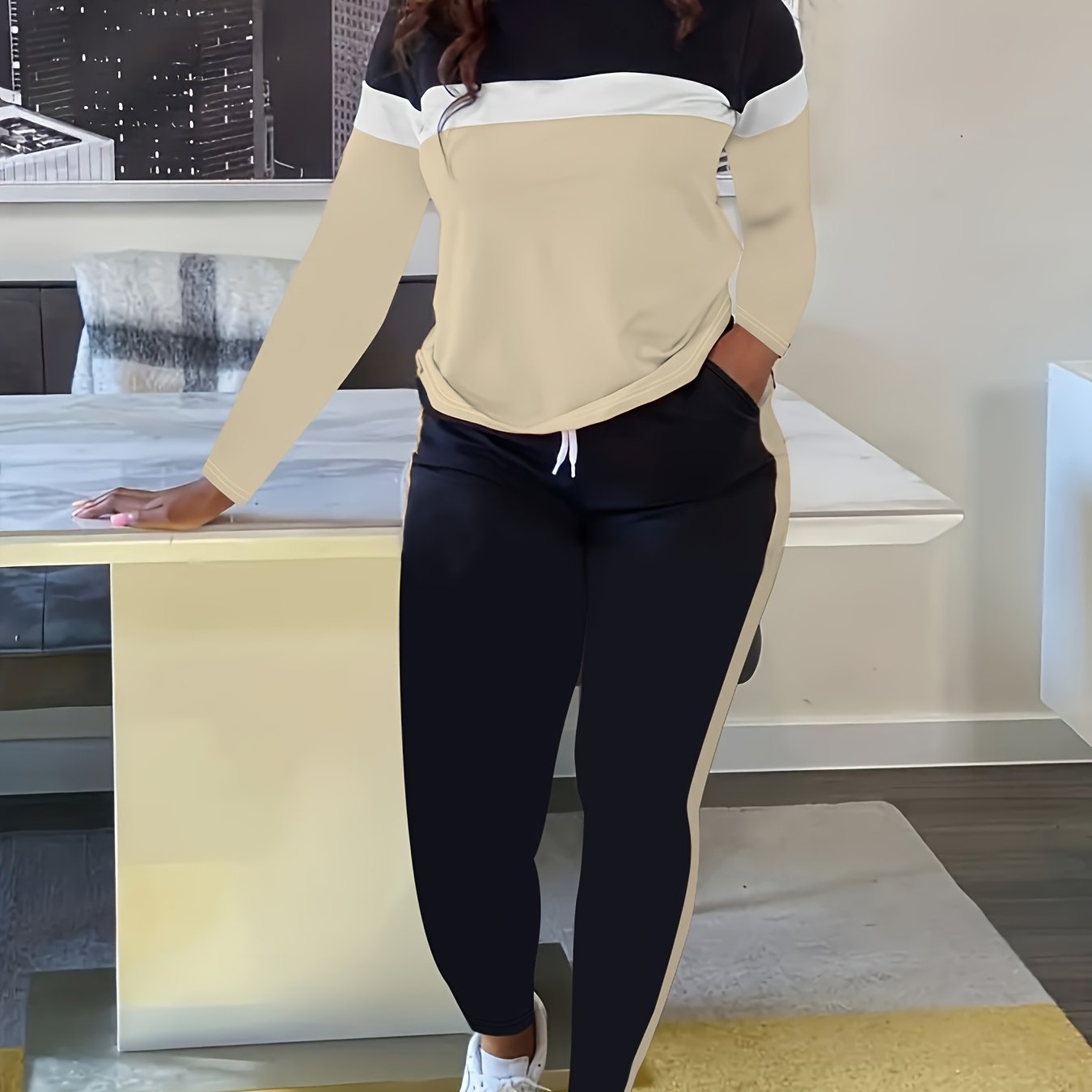 Plus Size Casual Outfits Two Piece Set, Women's Plus Colorblock Stripe Print Long Sleeve Round Neck Top & Drawstring Pants Outfits 2 Piece Set