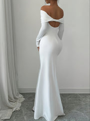 1pc Elegant White Polyester Bodycon Maxi Dress, Long Sleeve Off-Shoulder Backless Ribbed Knit Twist Fish Tail Hem, All-Season Solid Color Dress for Adults