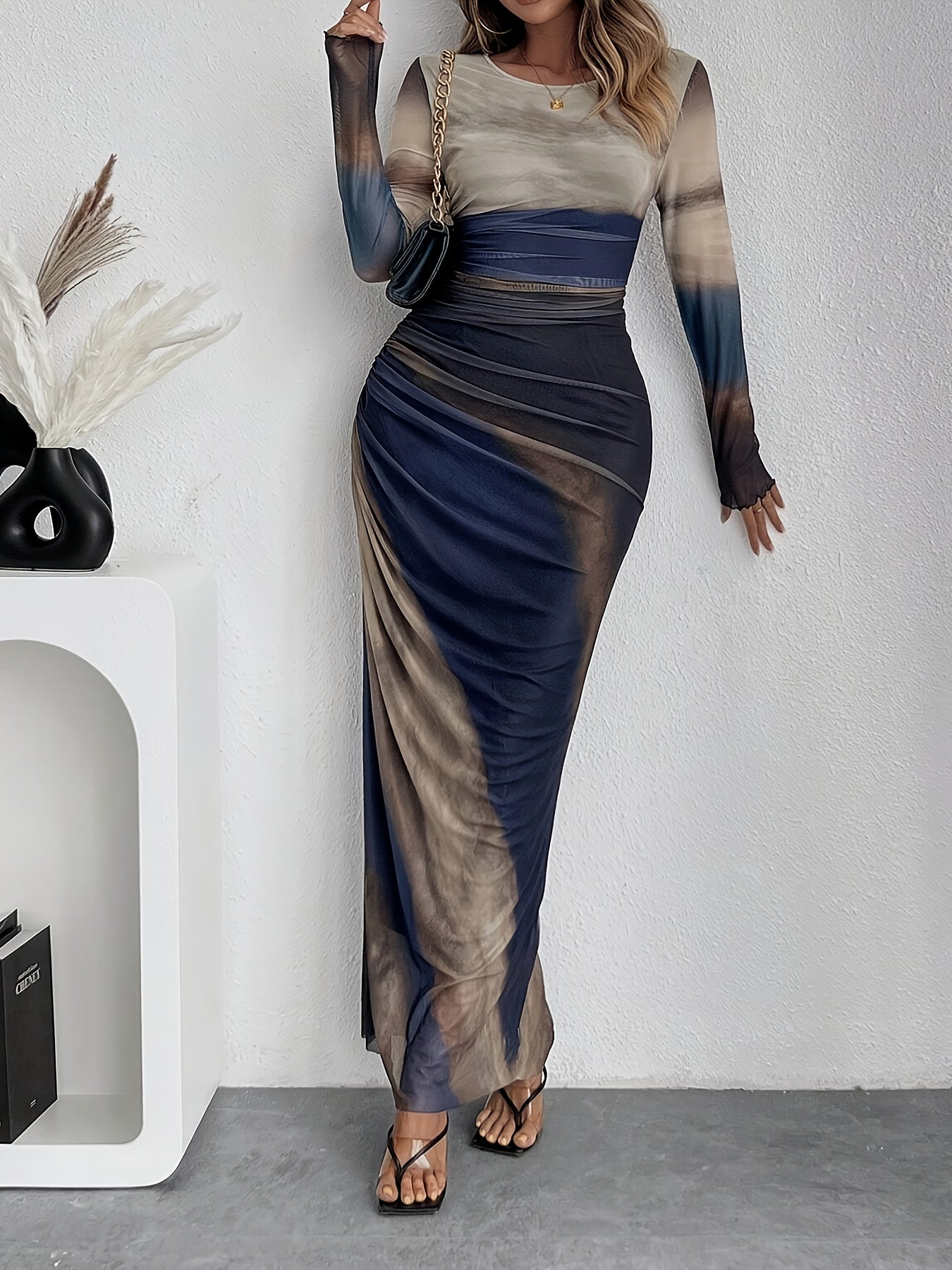 Women'S Elegant Leopard Print Sheer Tulle Long Sleeve Dress, Crew Neck Knit Polyester Spandex Blend, All-Season Tunic with Lining, 95% Polyester 5% Spandex, 92gsm Fabric Weight, 140gsm Lining Weight