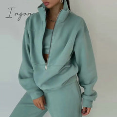 Ingvn - Women Fleece Two Piece Set Spring Winter Sports Warm Suit Casual Oversized Polo Zipper Sweatshirts And Trouser Tracksuits Set