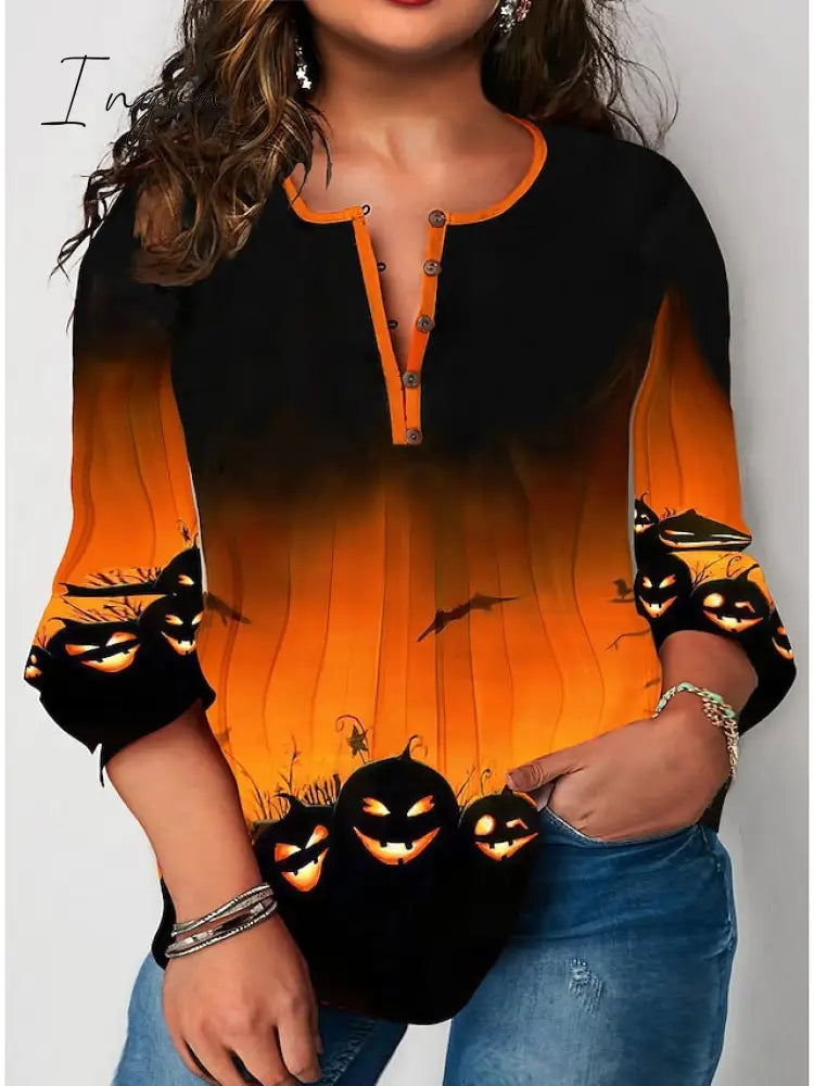 Ingvn - Women's Shirt Blouse Halloween Shirt Yellow Blue Purple Pumpkin Print 3/4 Length Sleeve Halloween Daily Streetwear Crew Neck Regular Fit Fall Winter