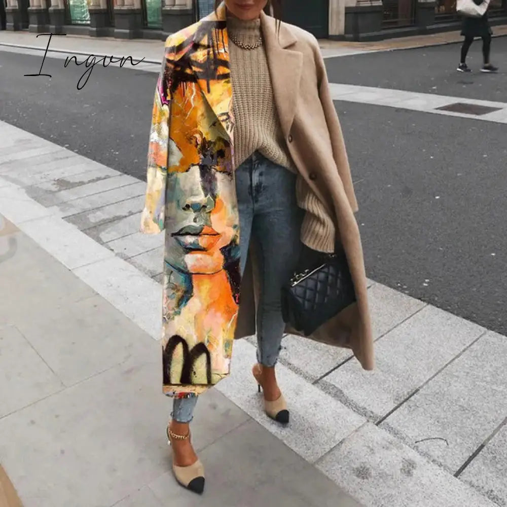 Ingvn - Casual Lapel Long Sleeve Blend Wool Coats Fashion Portrait Print Women Long Overcoat Winter Elegant Lady Cardigan Outerwear