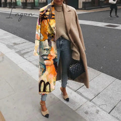 Ingvn - Casual Lapel Long Sleeve Blend Wool Coats Fashion Portrait Print Women Long Overcoat Winter Elegant Lady Cardigan Outerwear