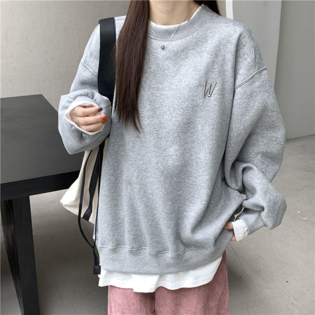 Autumn Winter Girl Korean Version Oversized Hoodies Street Style Letter Embroidery Sweatshirt Fleece Thick Pullover Tops Femmes