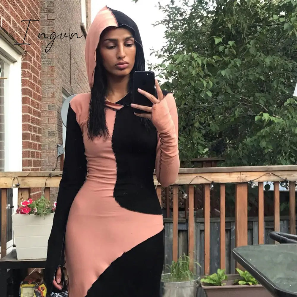 Ingvn - Long Sleeve Hooded Patchwork Skinny Maxi Dress Autumn Winter Women Fashion Streetwear Casual Outfits