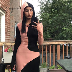 Ingvn - Long Sleeve Hooded Patchwork Skinny Maxi Dress Autumn Winter Women Fashion Streetwear Casual Outfits