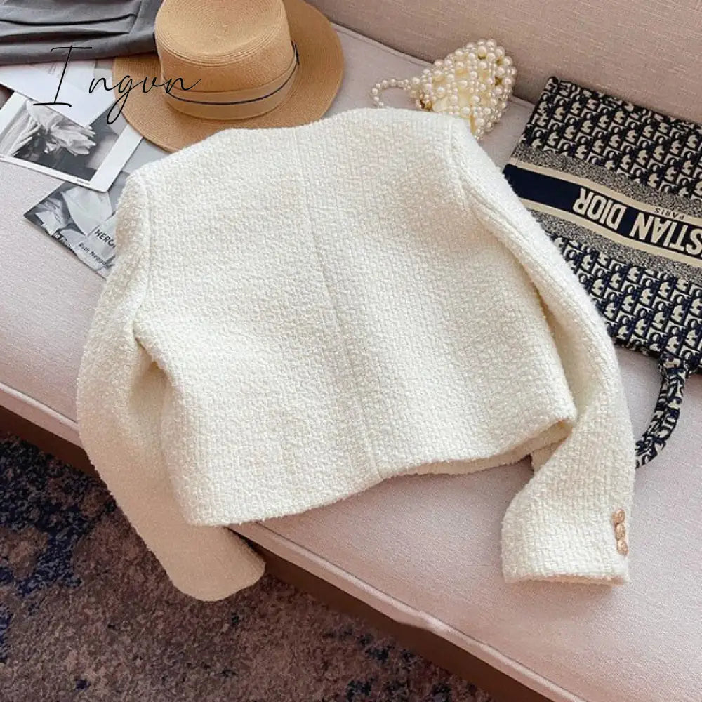 Ingvn - Chic Tweed Coat Female Elegant O Neck Cropped Jacket Women Spring Fall 2023 Luxruy Korean Fashion pocket white Outwear Clothing