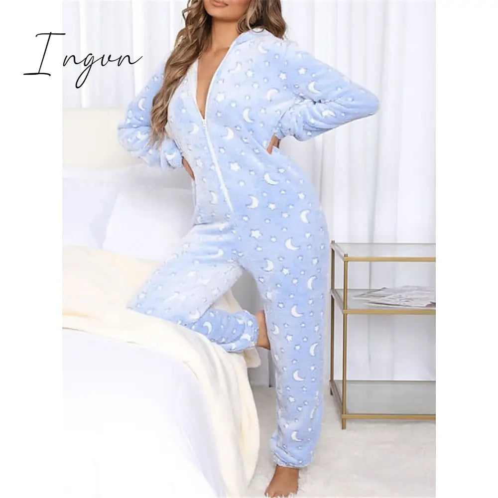 Ingvn - Women's Pajamas Jumpsuit Leopard Star Warm Comfort Plush Home Christmas Flannel Warm Breathable Hoodie Long Sleeve Pocket Fall Winter Leopard Print Moon blue