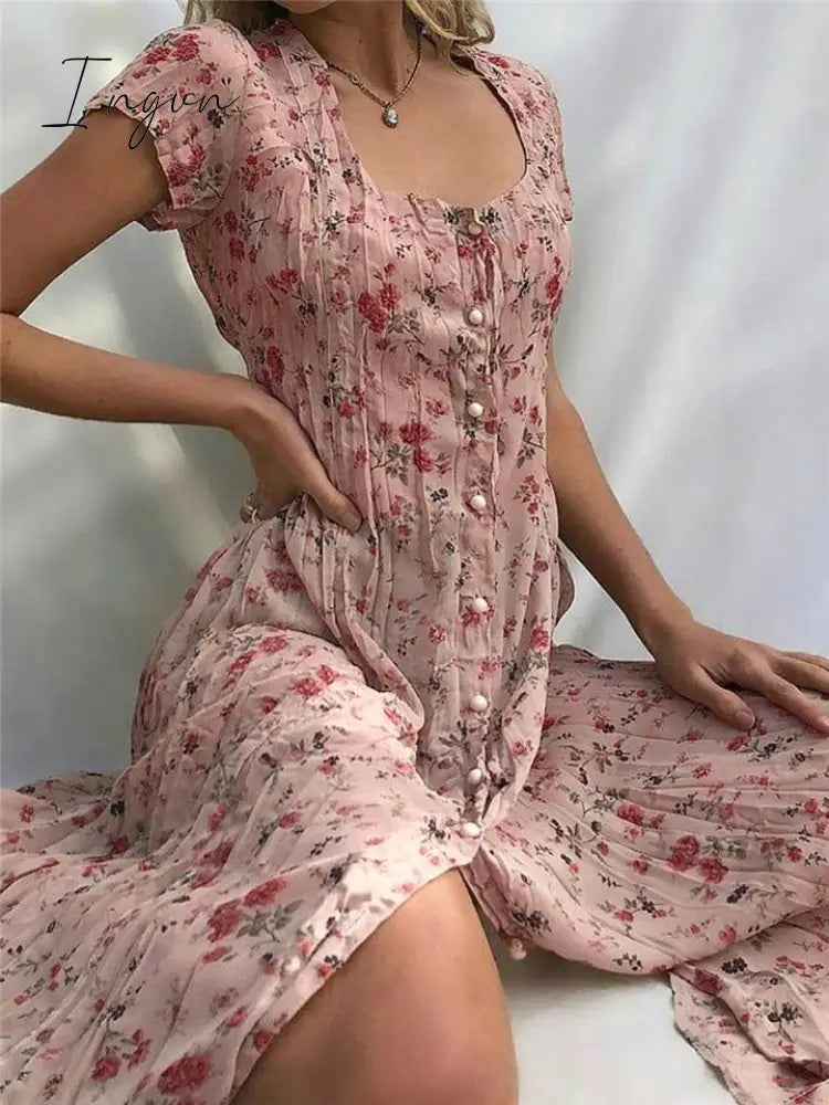 Ingvn - French Flair Elegant Floral Square Neckline Midi Dress