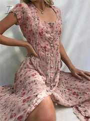 Ingvn - French Flair Elegant Floral Square Neckline Midi Dress