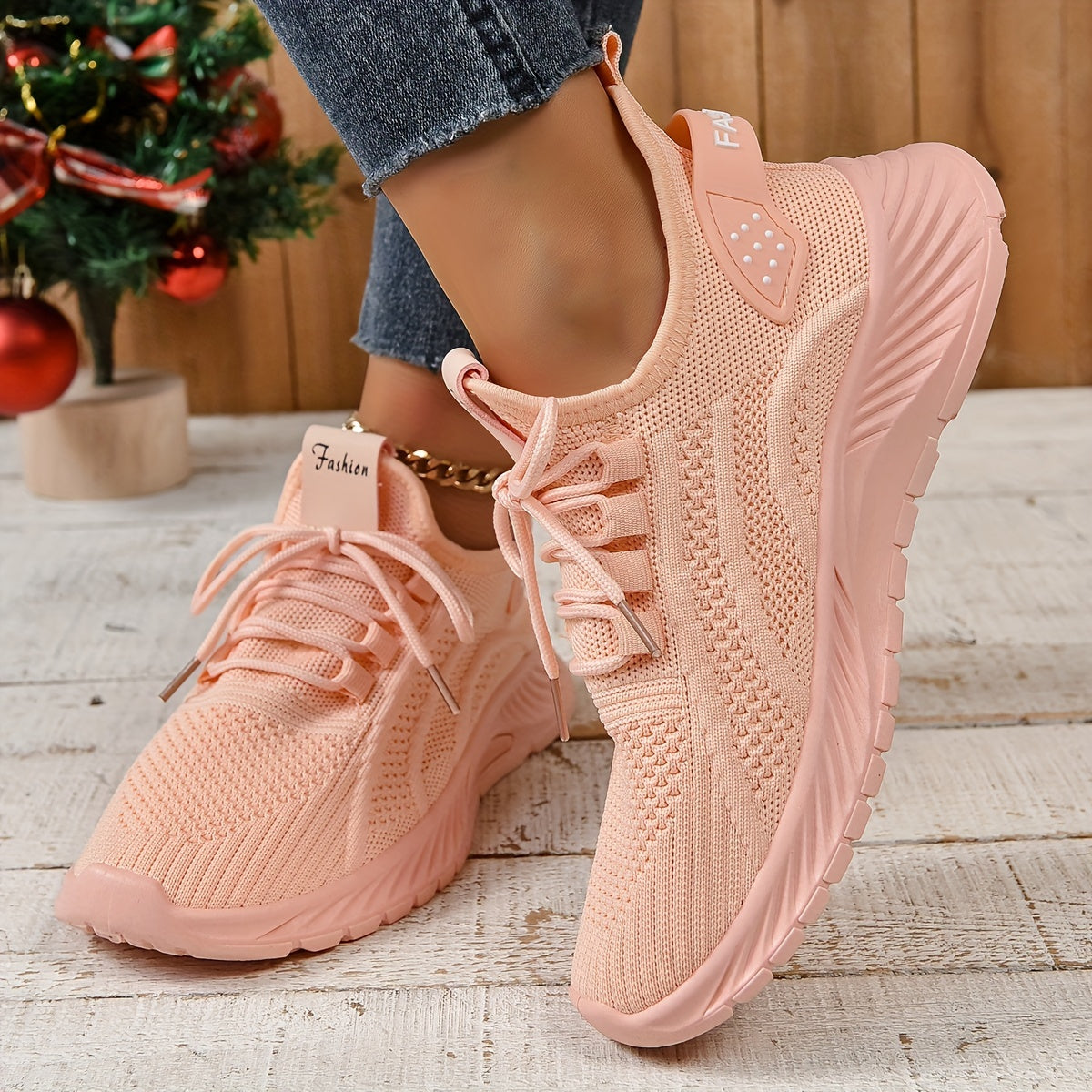 Women's Knitted Sports Shoes, Lightweight Lace Up Low Top Running & Tennis Sneakers, Breathable Gym Trainers for Holiday  Plus Size