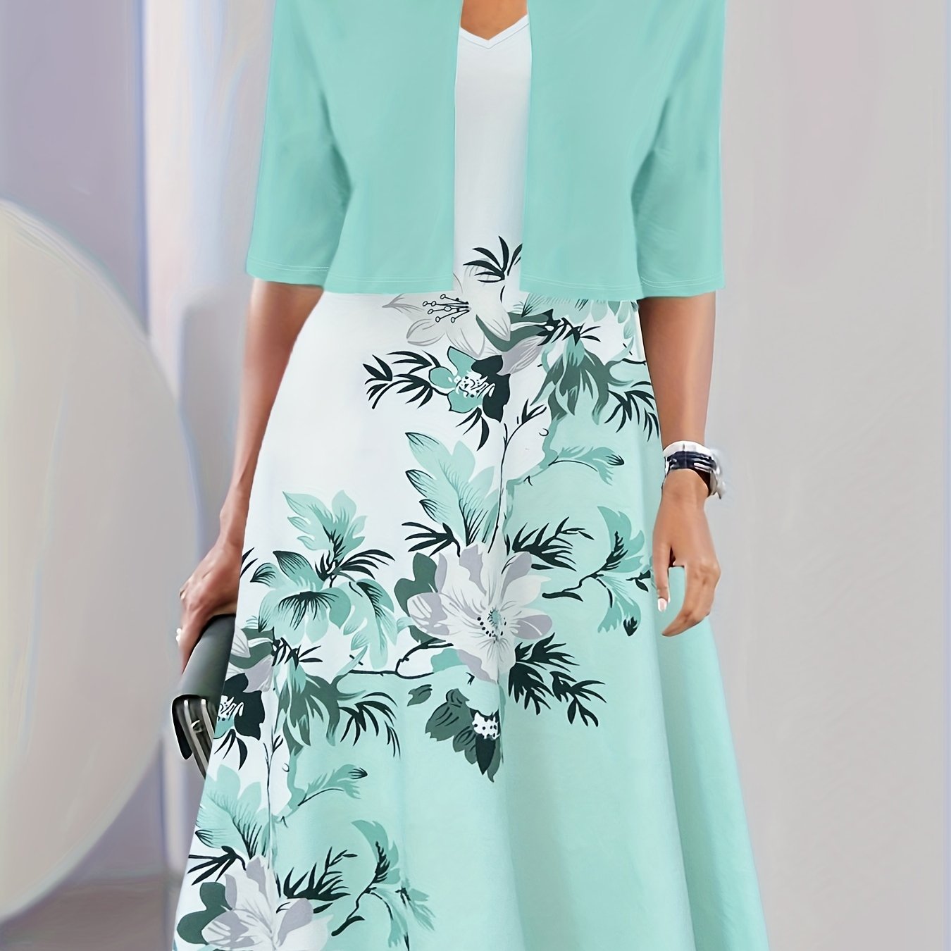 Chic Crop Top and Floral Tank Dress Duo - Versatile Semi-Sheer Half-Sleeve & Full-Length Set - Perfect for Social Outings, Womens Fashion