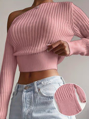 Ribbed Asymmetrical Neck Knit Crop Sweater, Sexy Cold Shoulder Long Sleeve Pullover Sweater, Women's Clothing
