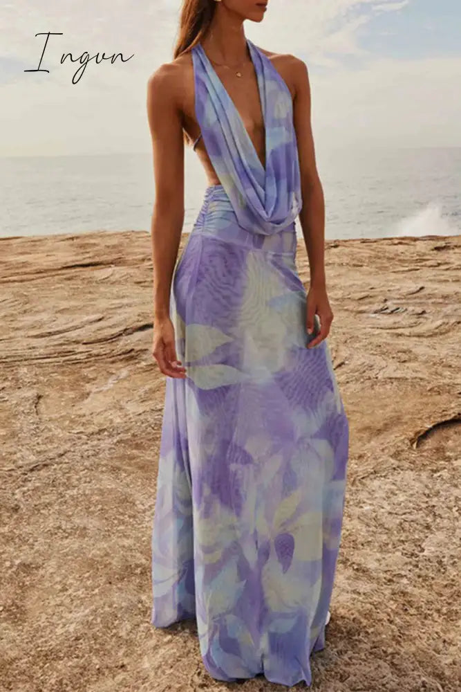 Ingvn - Sexy Gradual Change Print Backless Scarf Collar Sleeveless Two Pieces