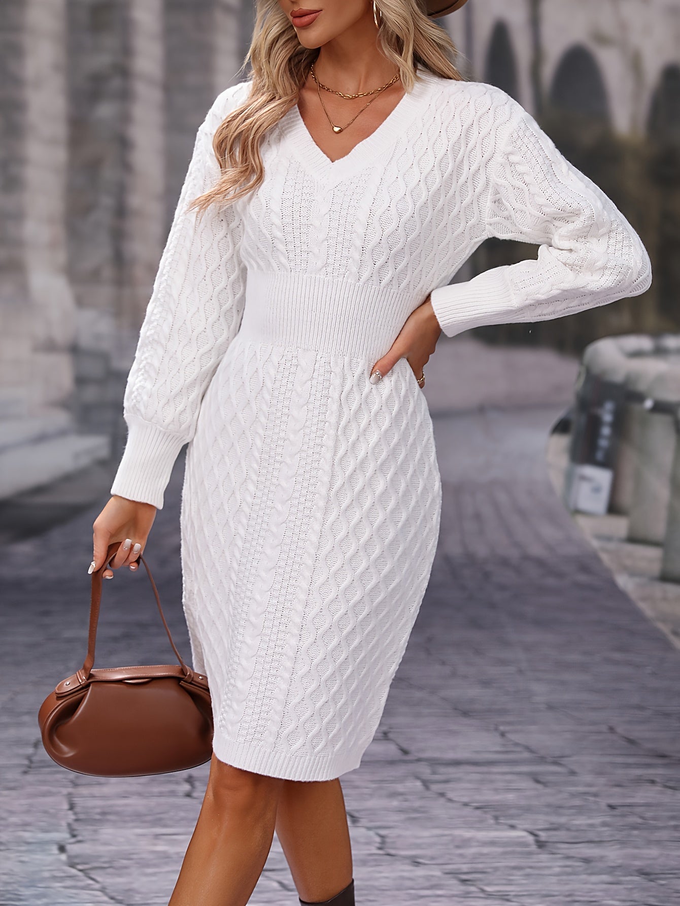 Cozy Cable Knit Dress - Figuring-Flattering Cinched Waist & Long Sleeves - Stylish V Neck Casual Style - Perfect for Fall & Winter Wardrobe - Womens Fashion Essential