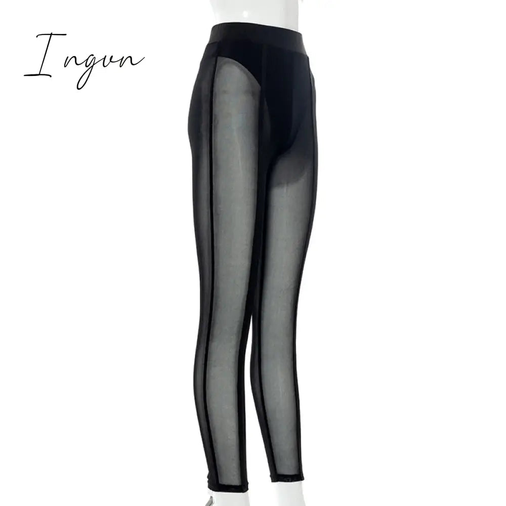 Ingvn - New Sexy See-through Black High Waist Long Trousers Casual Sweatpants Women Autumn Elastic Pencil Pants Mesh Leggings