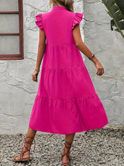 Elegant Ruffle Hem Dress - Flowy V Neck, Ruffled Sleeves, Loose Fit, Spring & Summer Essential, Women's Clothing for Elegant Dressing and Special Occasions