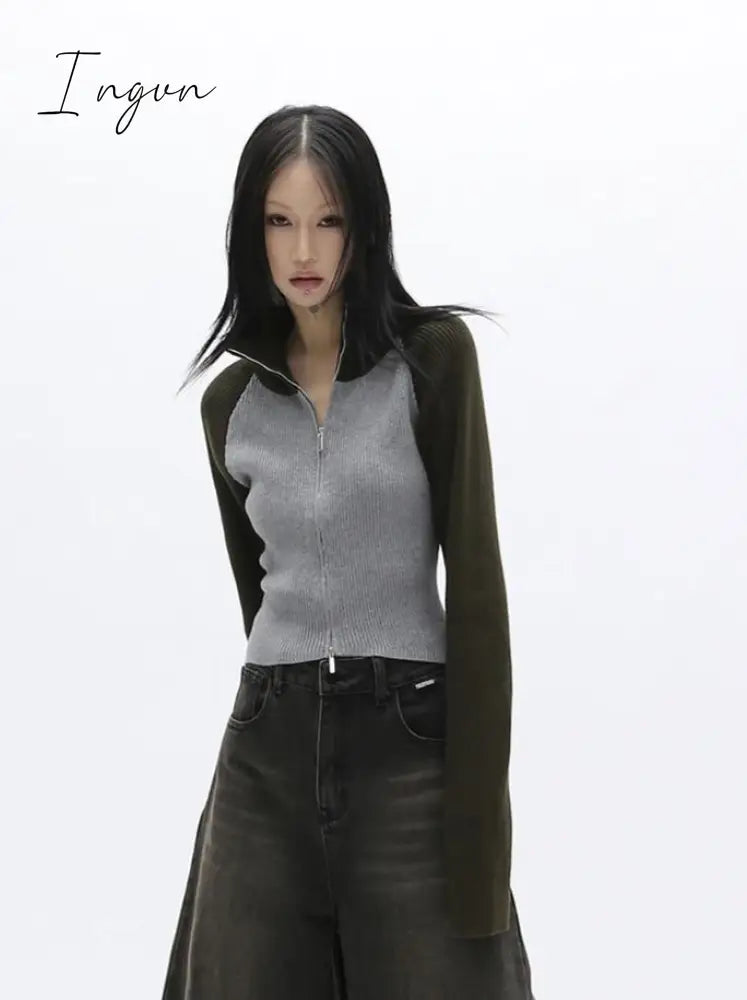 Ingvn - Cropped Cardigan Women Sweater Fashion Korean Knitwears Patchwork Turtleneck Tunic Jackets Sueter Mujer Sweaters Coat Y2k Tops