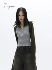 Ingvn - Cropped Cardigan Women Sweater Fashion Korean Knitwears Patchwork Turtleneck Tunic Jackets Sueter Mujer Sweaters Coat Y2k Tops