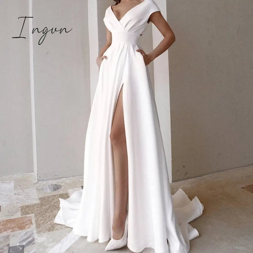 Ingvn - High Quality Elegant Casual Women's Dresses Sexy V-neck Side Slit Backless White Long Skirt Wedding Banquet Bridesmaid Dress Evening Gown