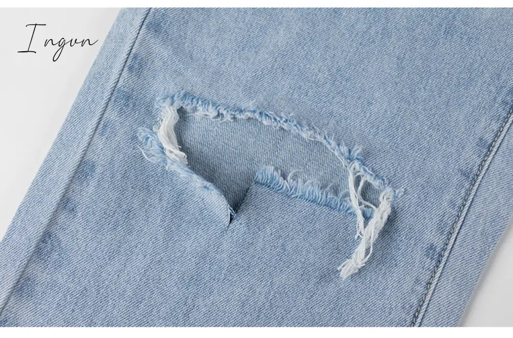 Ingvn - Womens Loose Fit Jeans Ripped Wide Leg For Women High Waist Blue Wash Casual Cotton Denim Trousers Summer Baggy Jean Pants