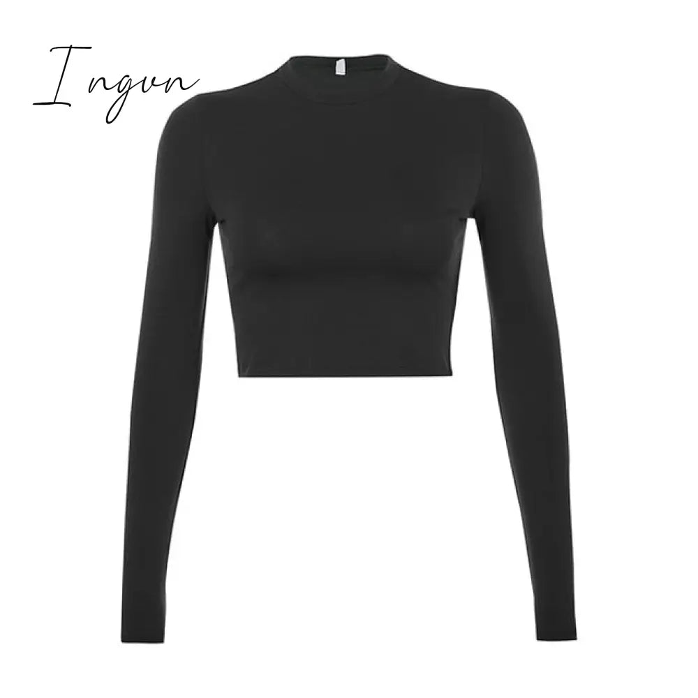 Ingvn - Solid Basic Long Sleeve Womens Tshirt Casual Black White Fashion Crop Top T Shirt Ladies Fashion Korean Tee Shirt