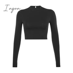 Ingvn - Solid Basic Long Sleeve Womens Tshirt Casual Black White Fashion Crop Top T Shirt Ladies Fashion Korean Tee Shirt