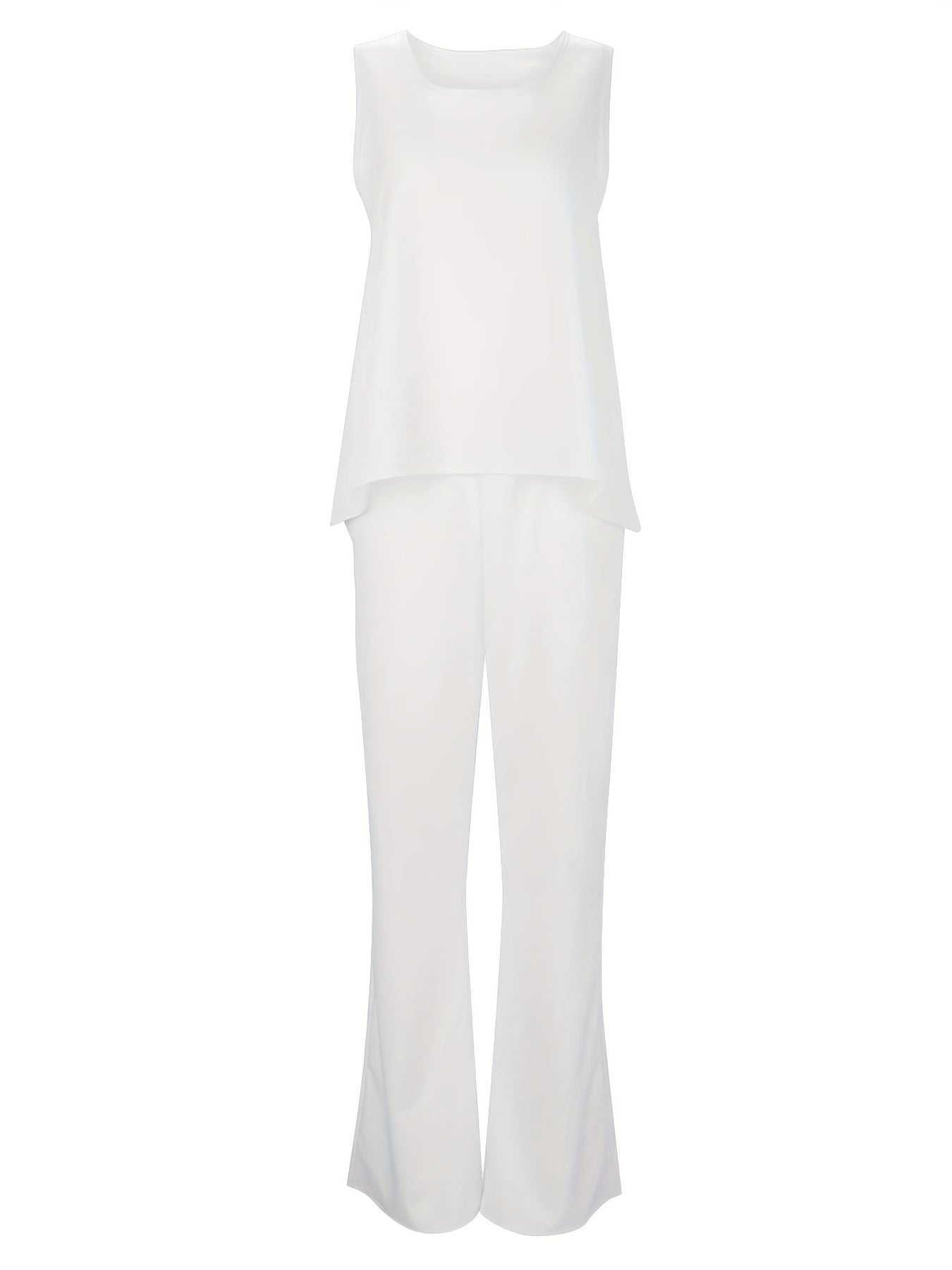 Plus Size Casual Outfits Two Piece Set, Women's Plus Solid Round Neck Tank Top & Wide Leg Pants Outfits 2 Piece Set