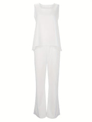 Plus Size Casual Outfits Two Piece Set, Women's Plus Solid Round Neck Tank Top & Wide Leg Pants Outfits 2 Piece Set